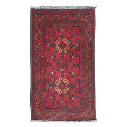 Full view of Afghan Khal Mohammadi hand-knotted wool rug with deep red field, floral-geometric medallions and patterned border, 99 x 53 cm