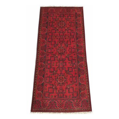 Afghan Khal Mohammadi hand-knotted wool runner rug 190 x 84 cm full view with red field and blue geometric motifs