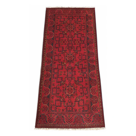 Afghan Khal Mohammadi hand-knotted wool runner rug 190 x 84 cm full view with red field and blue geometric motifs