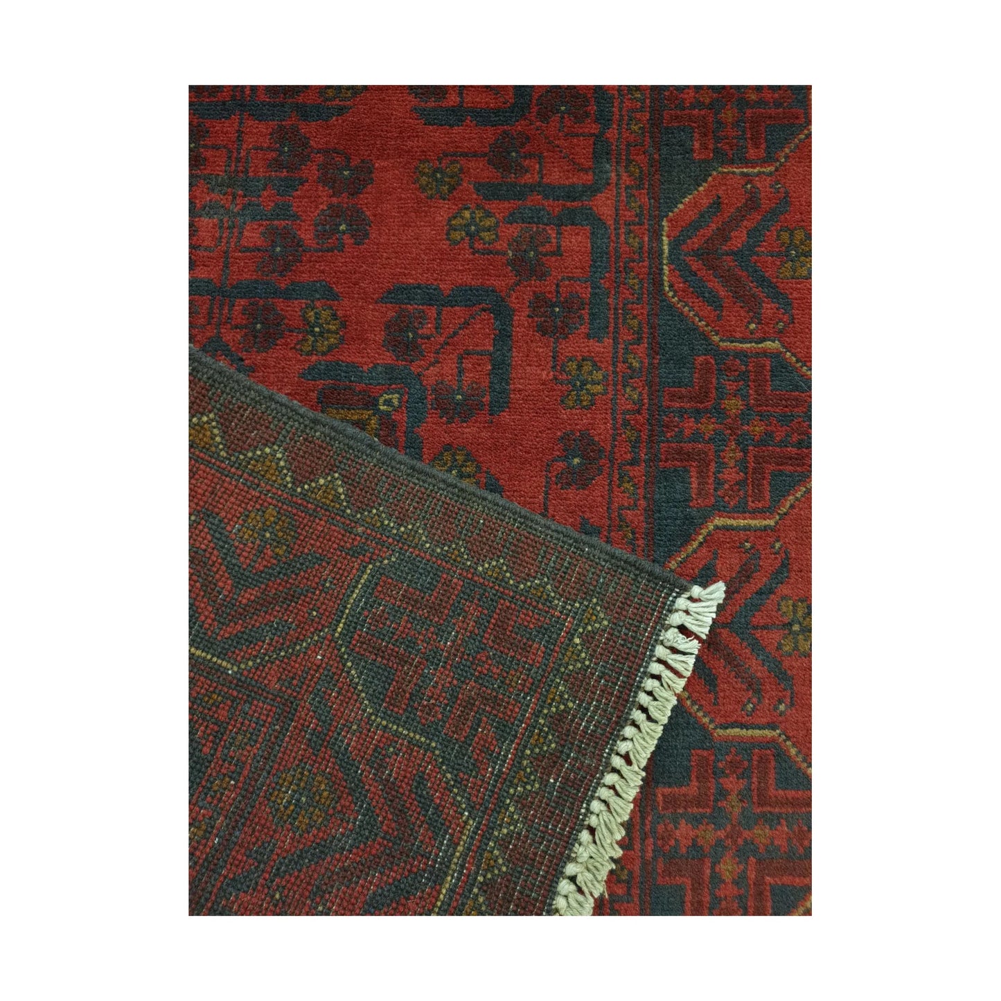 Reverse weave detail of Afghan Khal Mohammadi hand-knotted wool runner rug showing back construction and edge finish