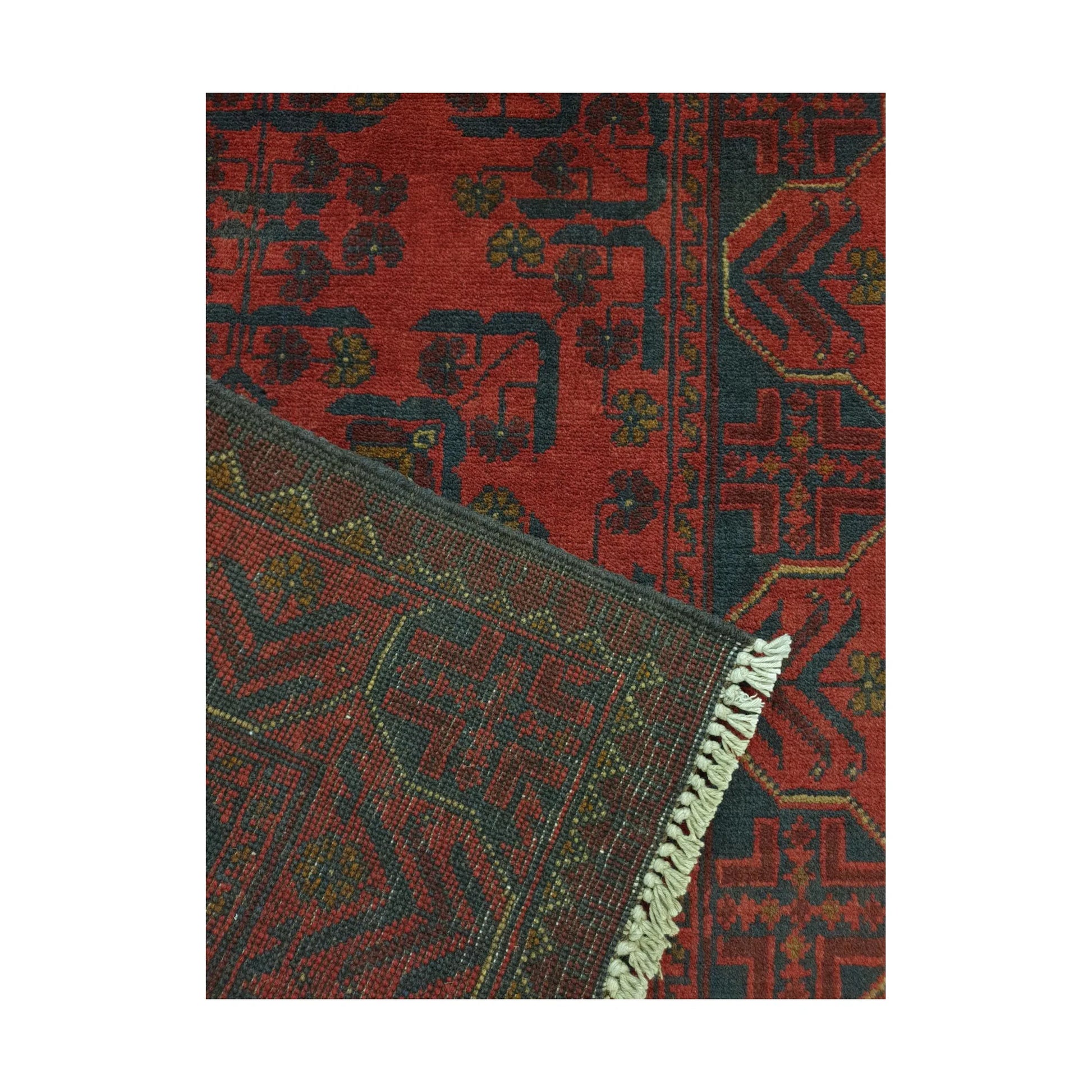 Reverse weave detail of Afghan Khal Mohammadi hand-knotted wool runner rug showing back construction and edge finish