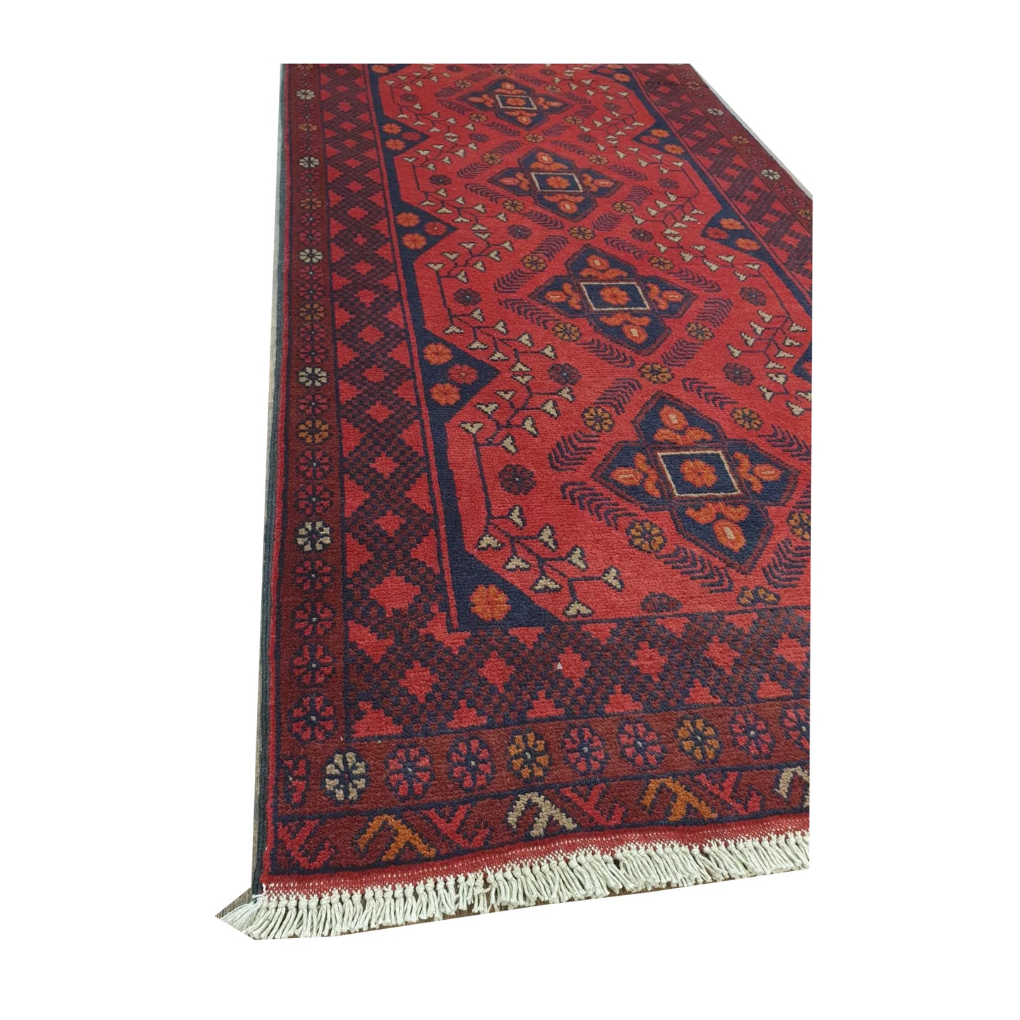 Border and fringe detail of Afghan Khal Mohammadi hand-knotted wool runner rug showing red and blue geometric pattern