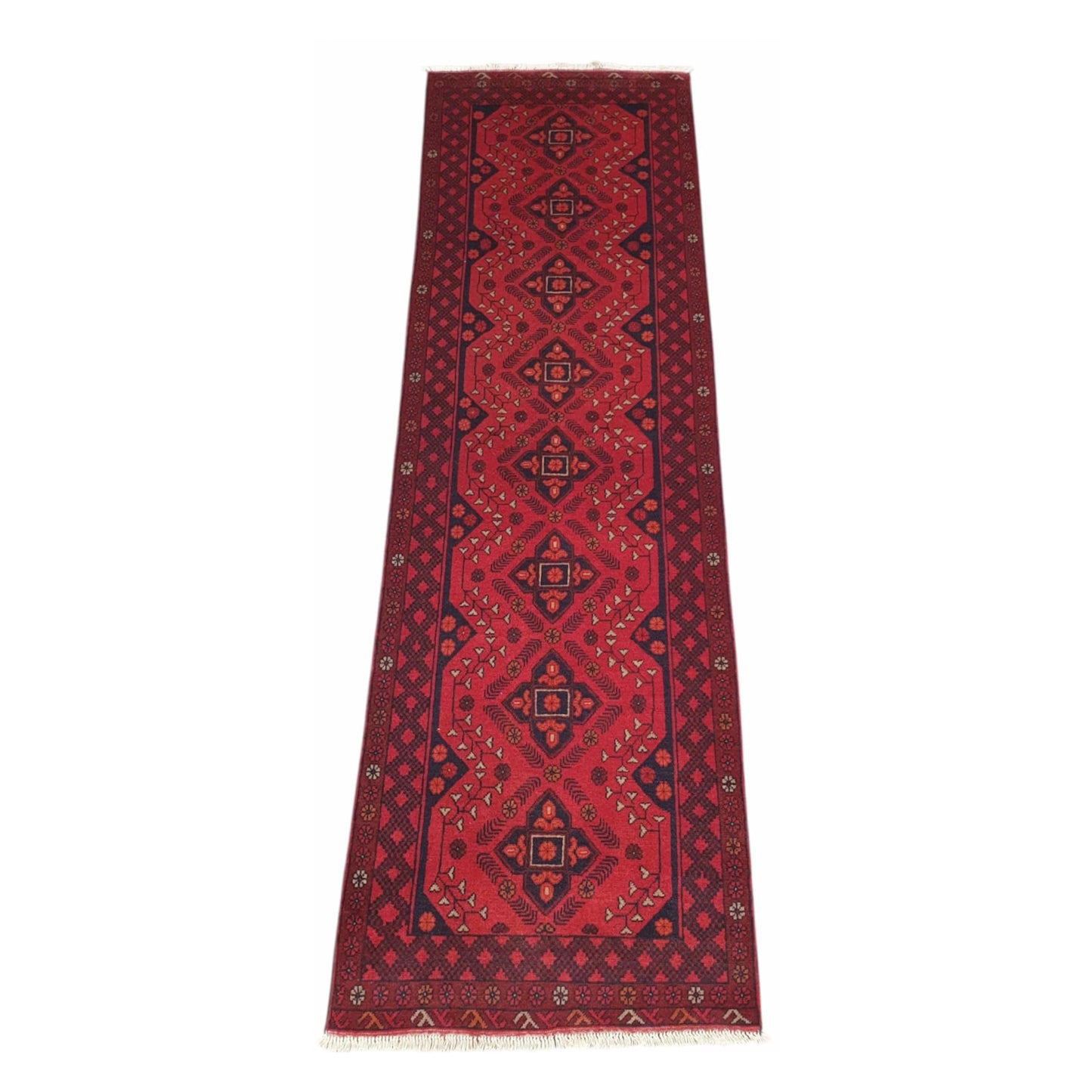 Afghan Khal Mohammadi hand-knotted wool runner rug 283 x 82 cm full view with red field and blue geometric motifs