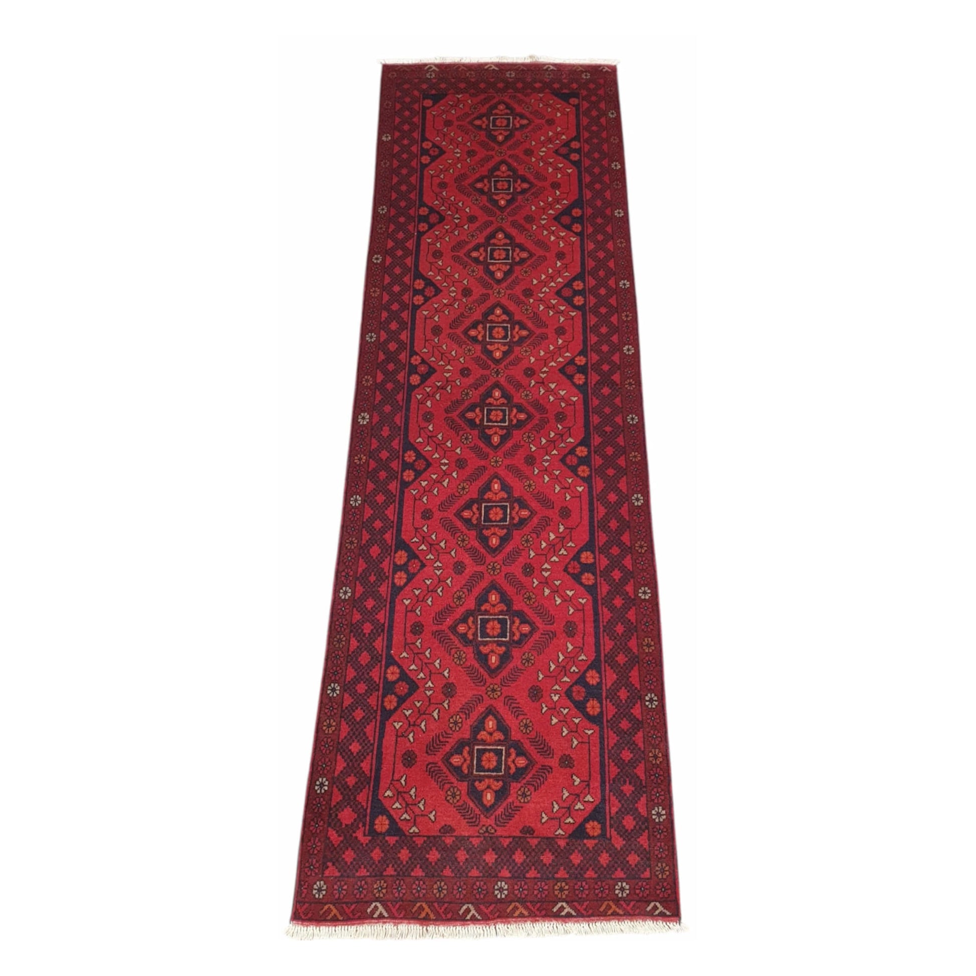 Afghan Khal Mohammadi hand-knotted wool runner rug 283 x 82 cm full view with red field and blue geometric motifs