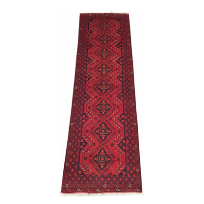 Afghan Khal Mohammadi hand-knotted wool runner rug 283 x 82 cm full view with red field and blue geometric motifs