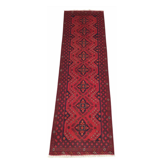 Afghan Khal Mohammadi hand-knotted wool runner rug 283 x 82 cm full view with red field and blue geometric motifs
