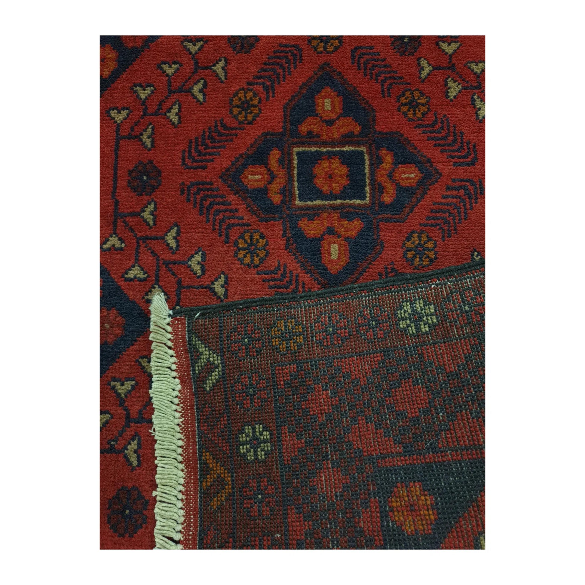 Reverse weave detail of Afghan Khal Mohammadi hand-knotted wool runner rug showing back construction and edge finish