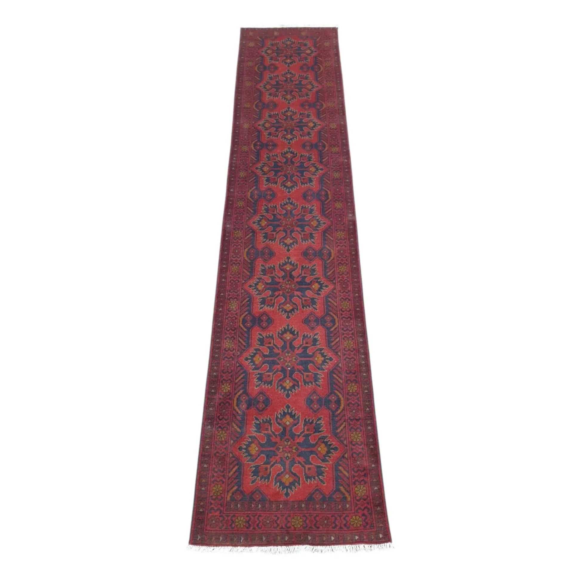 Full view of Afghan Khal Mohammadi hand-knotted wool runner rug with deep red field and repeating floral-geometric medallions, 385 x 80 cm