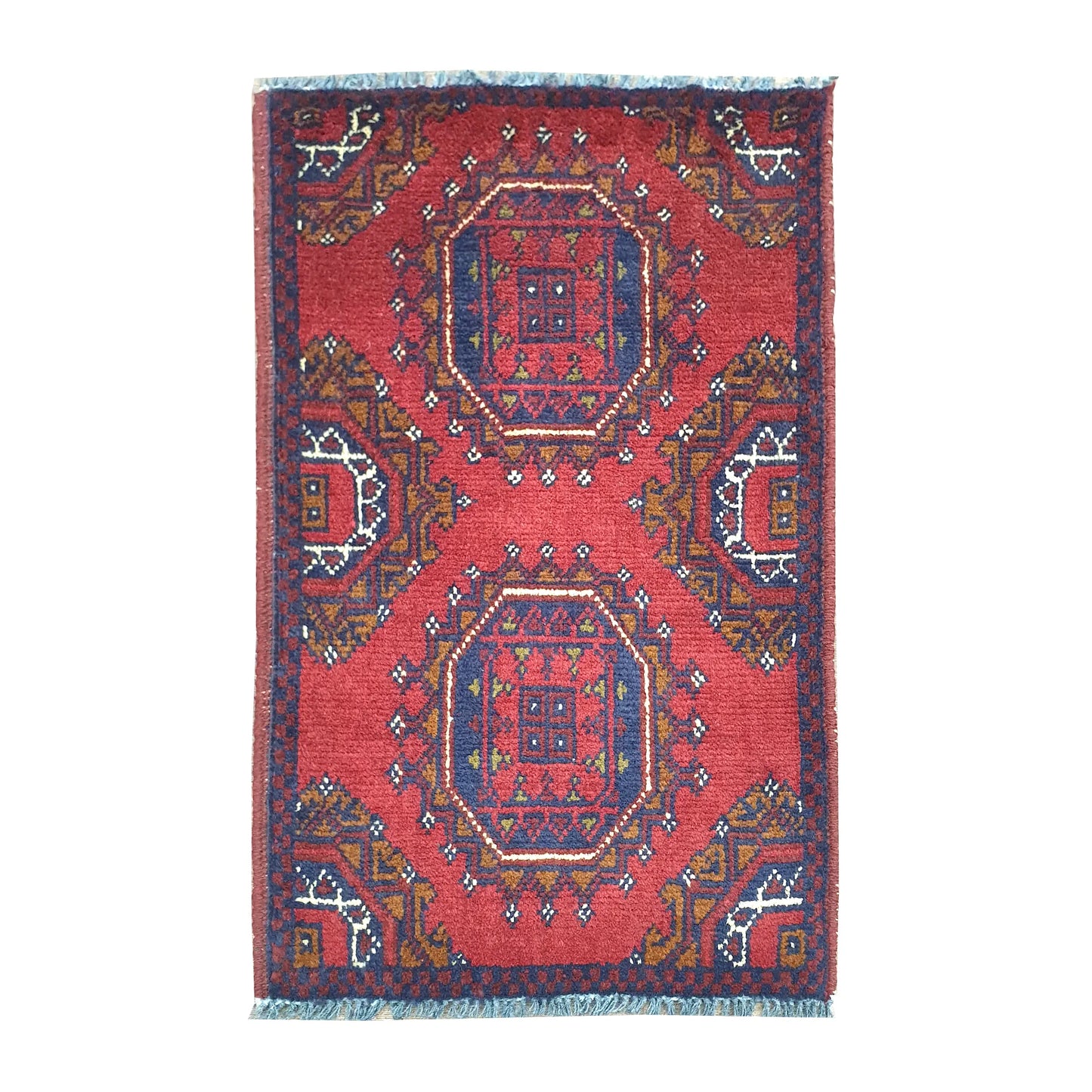 Afghan Khal Mohammadi paired medallion wool rug 63 x 42 cm full view with red field and octagonal medallion panels