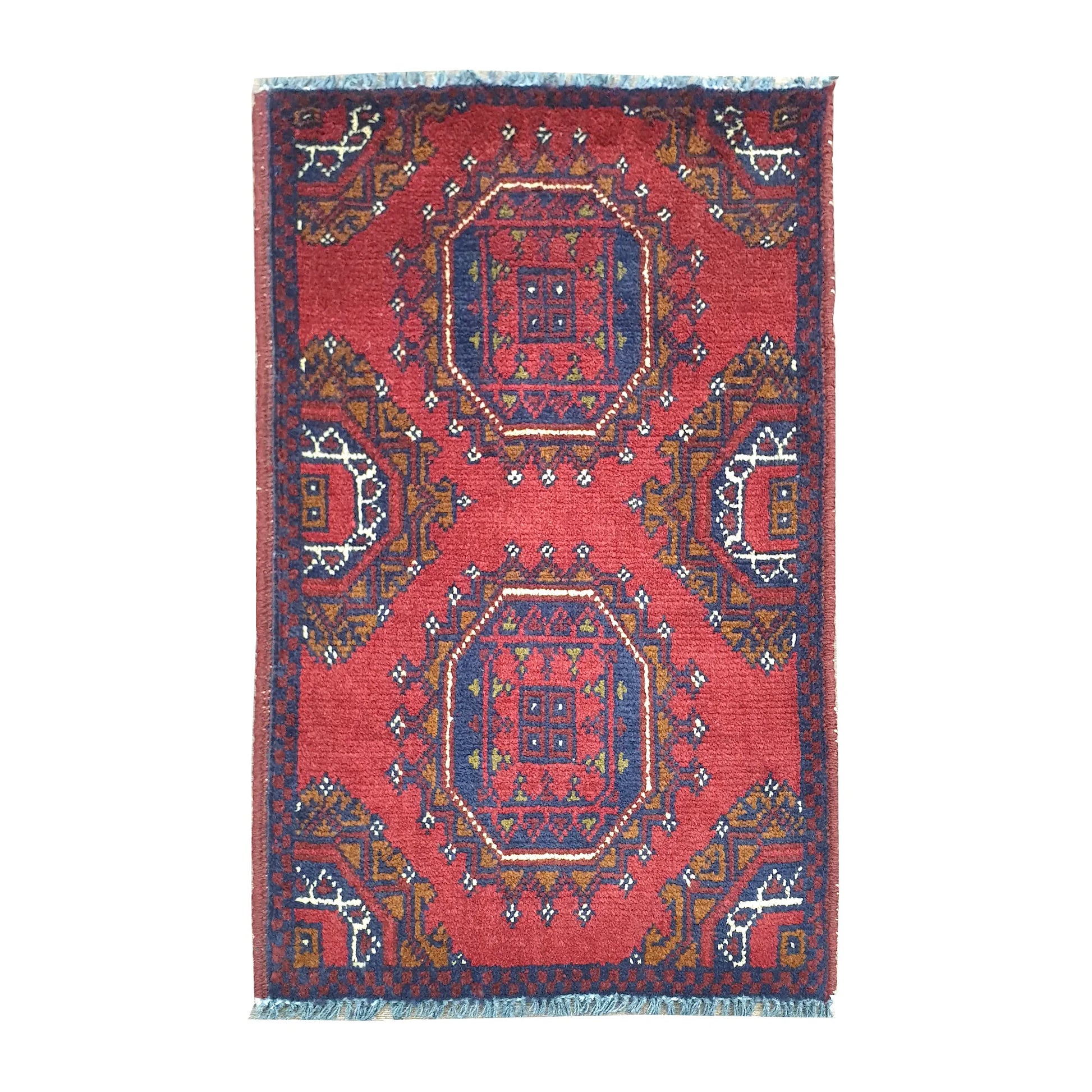 Afghan Khal Mohammadi paired medallion wool rug 63 x 42 cm full view with red field and octagonal medallion panels