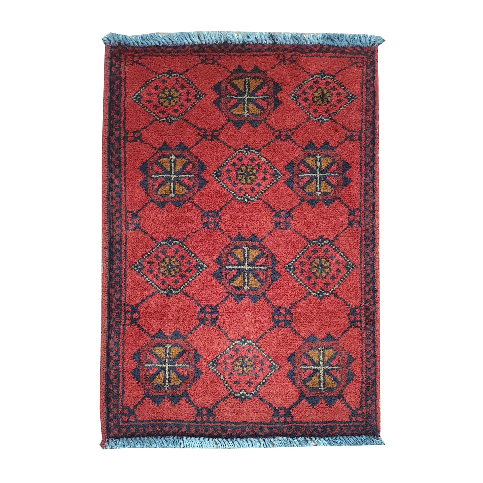 Afghan Khal Mohammadi red wool rug 63 x 42 cm full view with interlinked round rosettes and diamond medallions