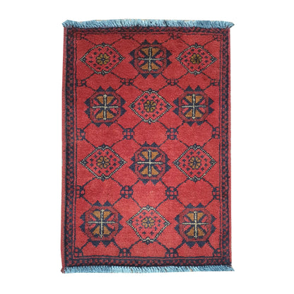 Afghan Khal Mohammadi red wool rug 63 x 42 cm full view with interlinked round rosettes and diamond medallions