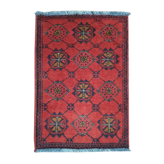 Afghan Khal Mohammadi red wool rug 63 x 42 cm full view with interlinked round rosettes and diamond medallions