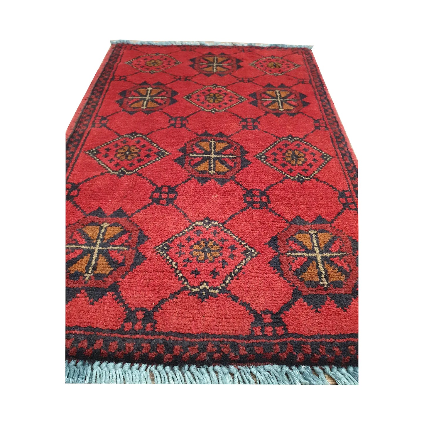 Afghan Khal Mohammadi wool rug detail showing alternating round floral rosettes and diamond medallions on a red field