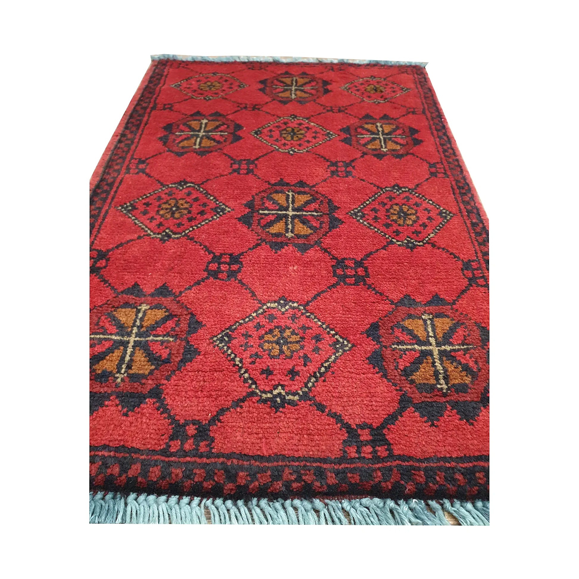 Afghan Khal Mohammadi wool rug detail showing alternating round floral rosettes and diamond medallions on a red field