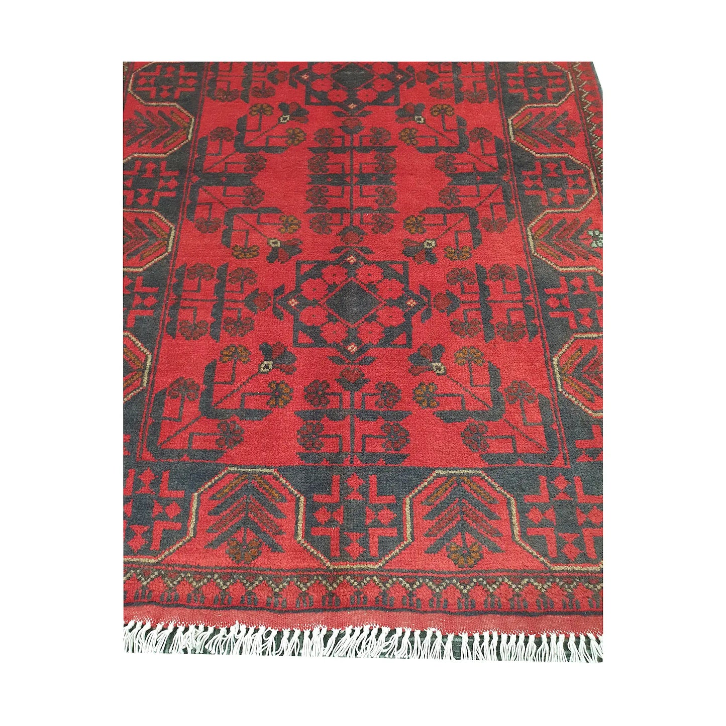 End fringe detail of Afghan Khal Mohammadi rug with deep red field, dark tribal motifs and geometric border