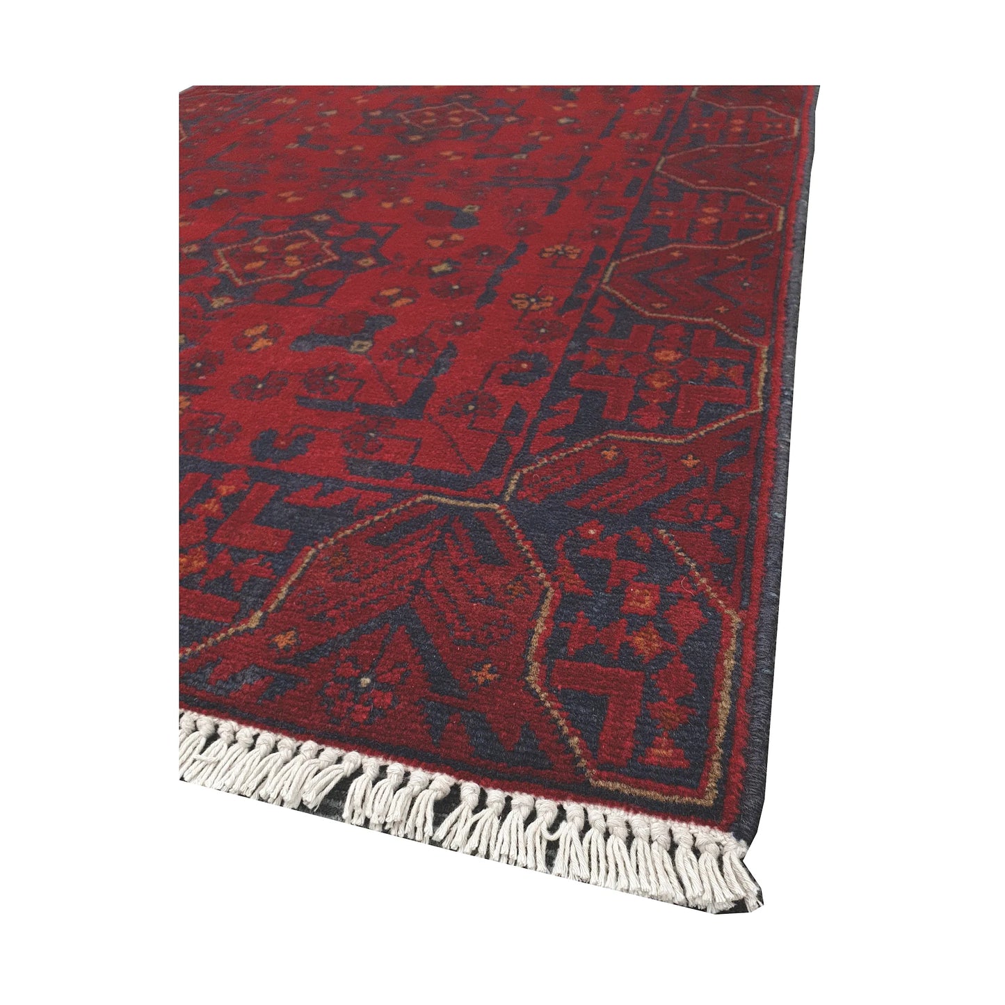 Angled fringe and edge detail of Afghan Khal Mohammadi rug showing deep red wool pile and dark border pattern