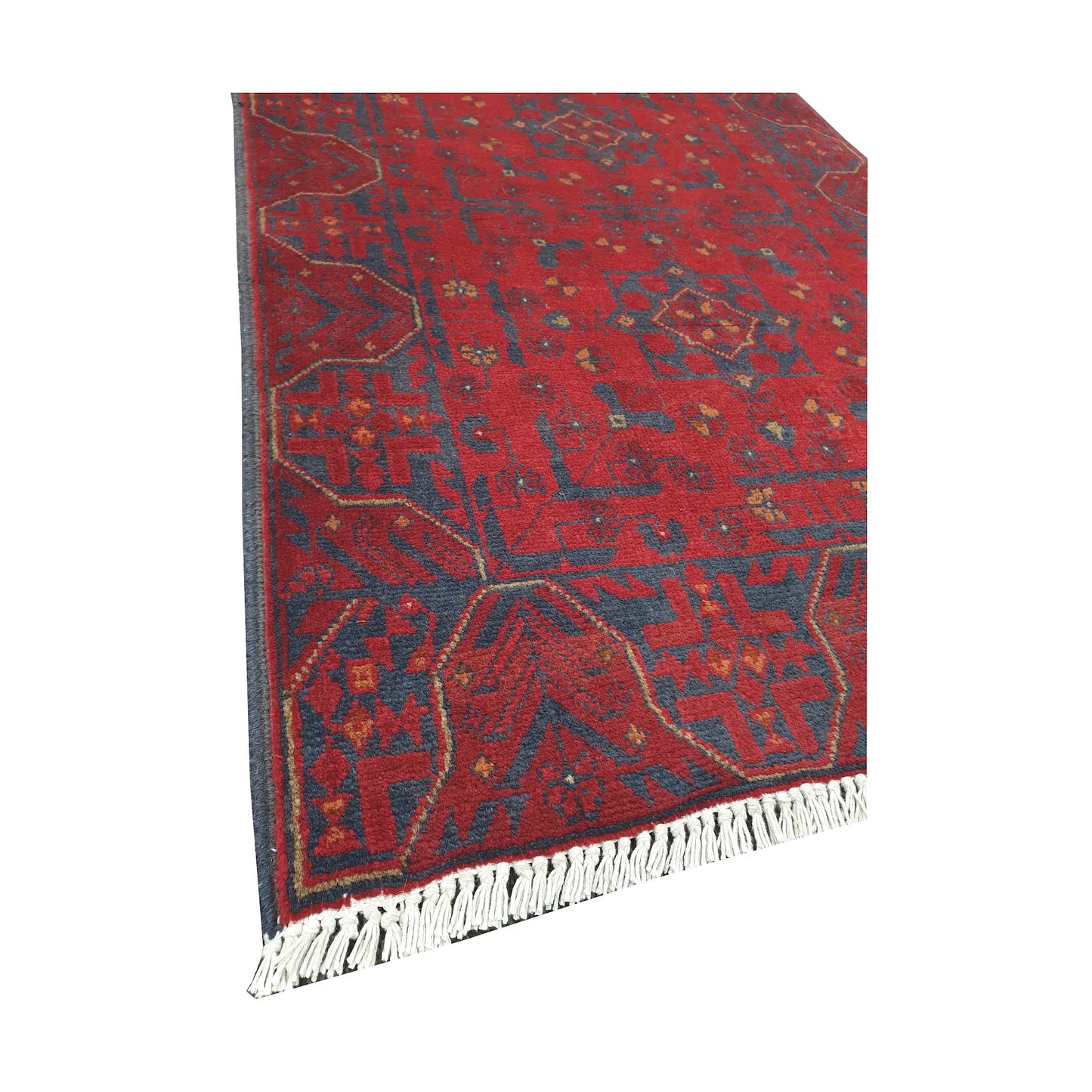 Corner fringe and border detail of Afghan Khal Mohammadi rug showing deep red field and dark patterned edge