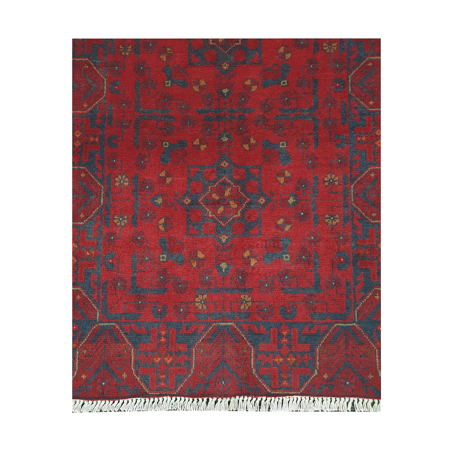 End fringe detail of Afghan Khal Mohammadi rug with deep red field, dark tribal motifs and geometric border