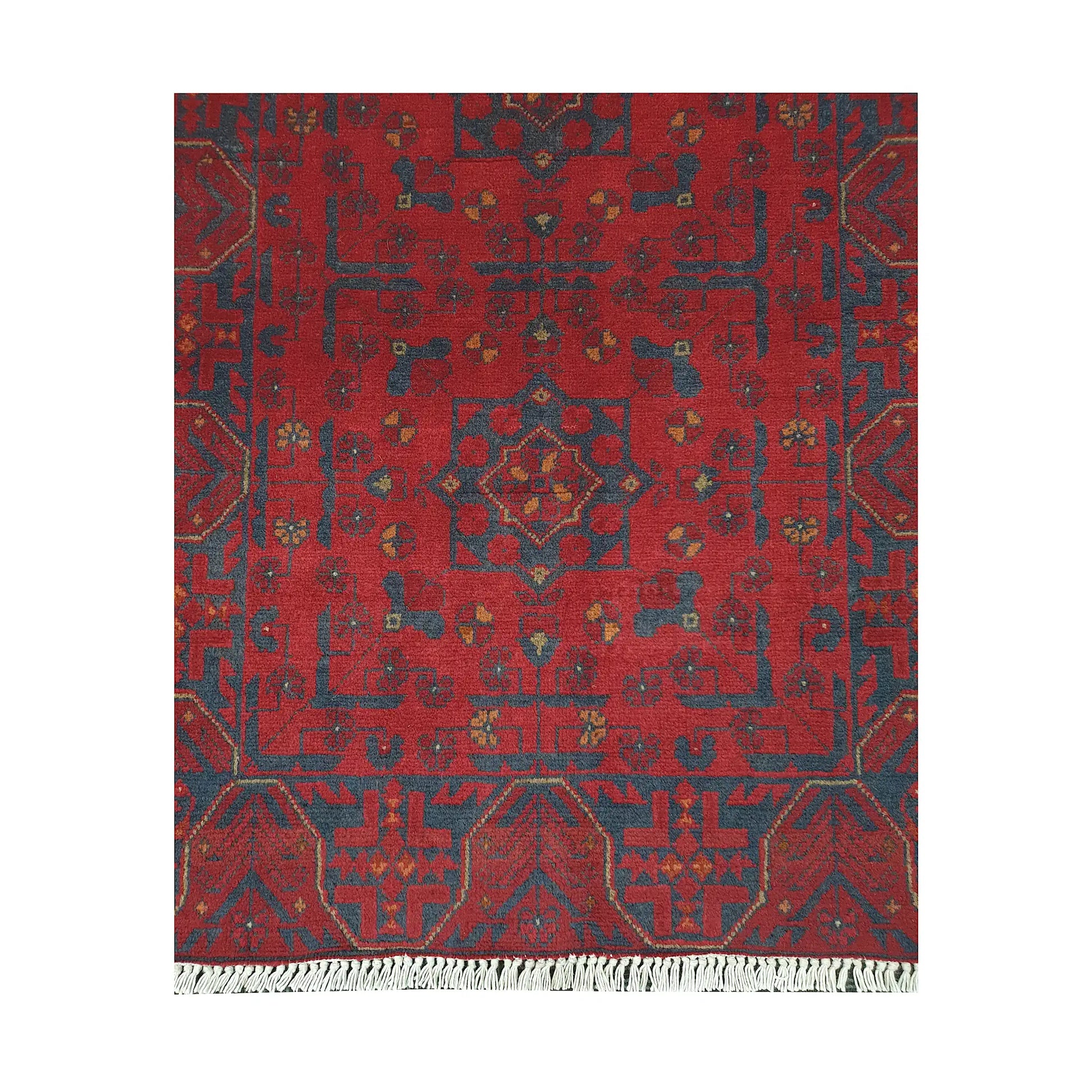 End fringe detail of Afghan Khal Mohammadi rug with deep red field, dark tribal motifs and geometric border