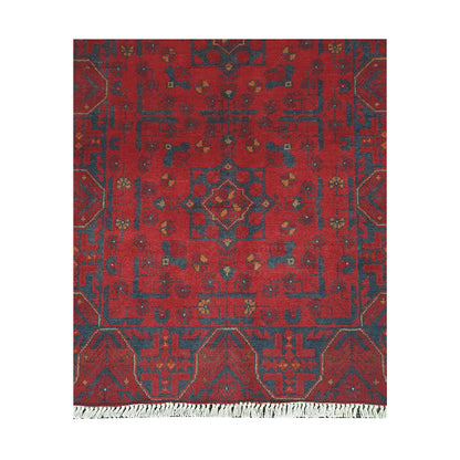 End fringe detail of Afghan Khal Mohammadi rug with deep red field, dark tribal motifs and geometric border