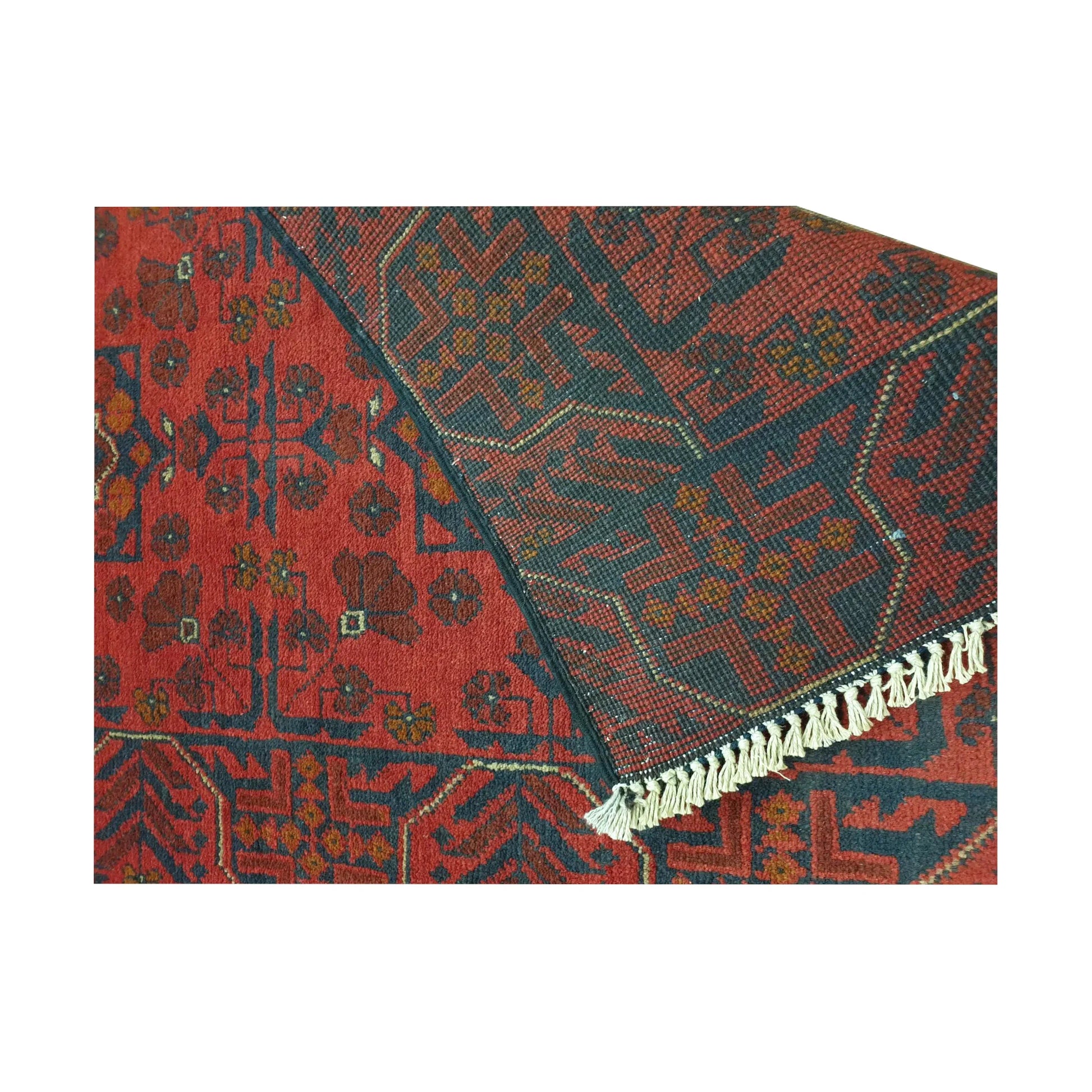 Close-up of Afghan Khal Mohammadi wool rug showing border, corner and hand-knotted texture
