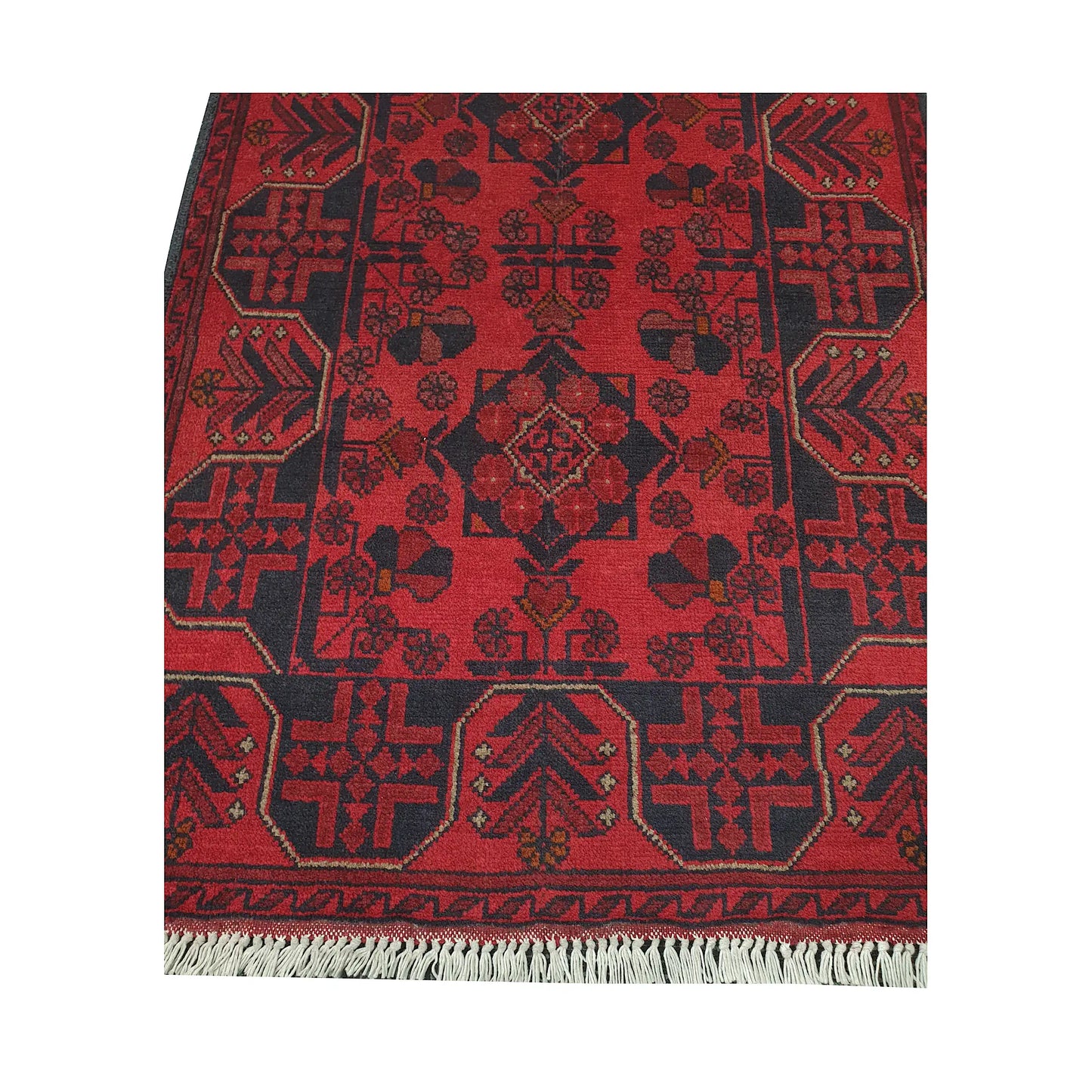 End field and fringe detail of Afghan Khal Mohammadi rug with tonal red and charcoal geometric motifs
