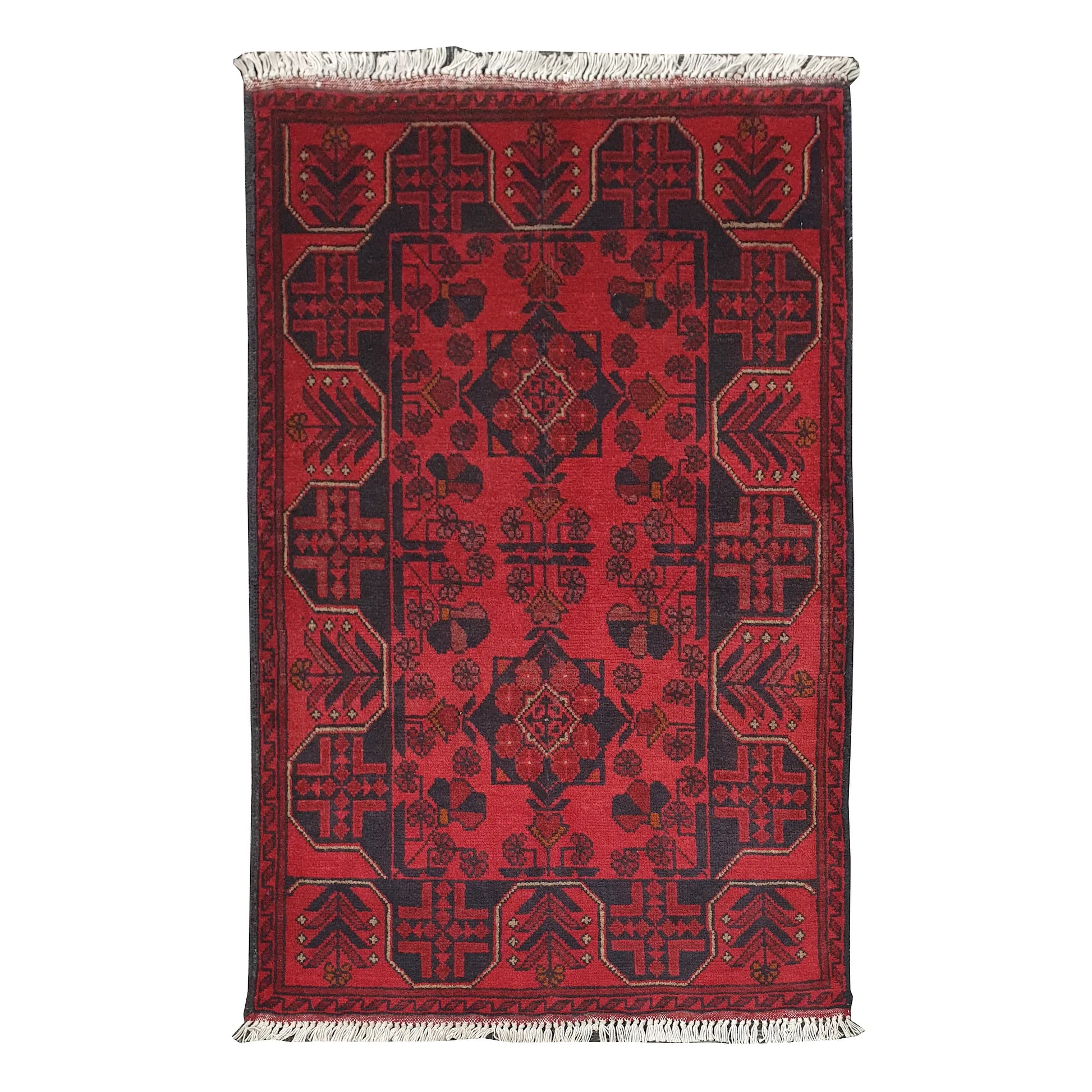 Afghan Khal Mohammadi rug 122 x 80 cm full view with deep red field and dark tribal motifs