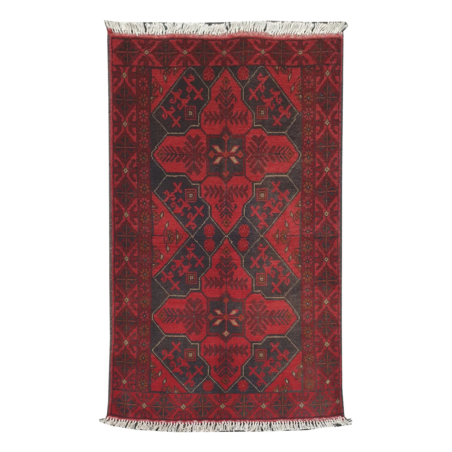 Afghan Khal Mohammadi rug 123 x 77 cm full view with deep red field and linked charcoal medallion pattern