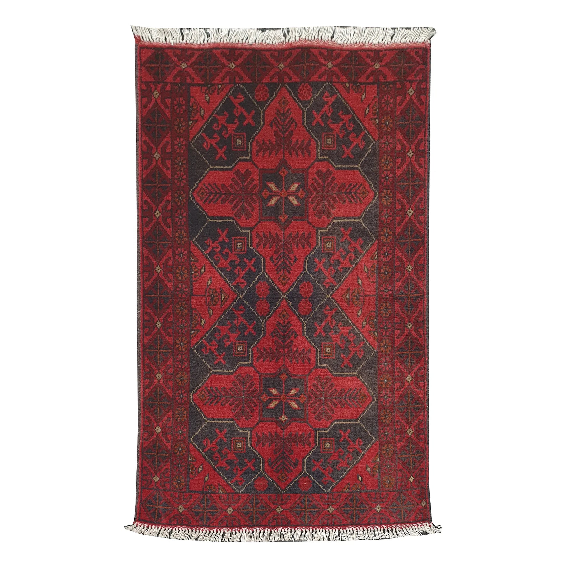 Afghan Khal Mohammadi rug 123 x 77 cm full view with deep red field and linked charcoal medallion pattern