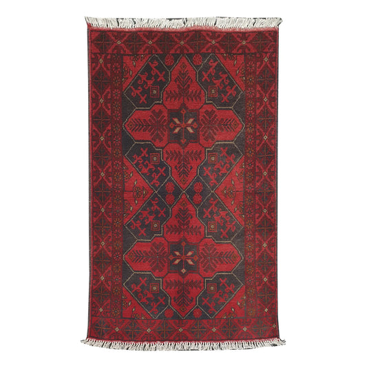 Afghan Khal Mohammadi rug 123 x 77 cm full view with deep red field and linked charcoal medallion pattern