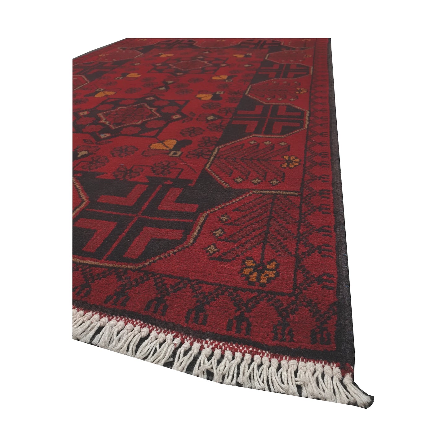 Angled fringe and edge detail of Afghan Khal Mohammadi rug showing red wool pile, dark border and yellow motif accents