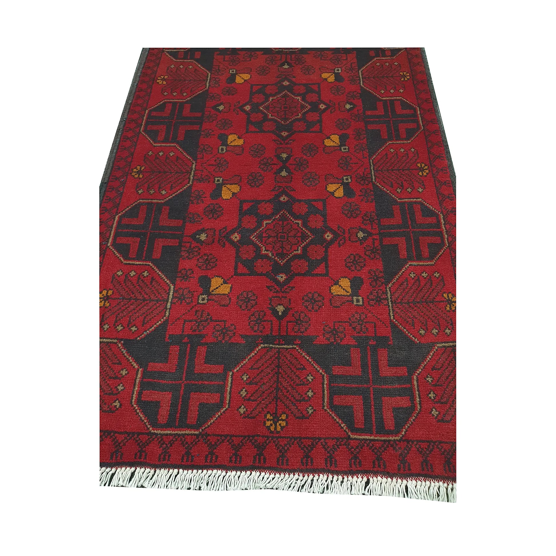 Field and border pattern detail of Afghan Khal Mohammadi rug with deep red ground, charcoal motifs and yellow accents
