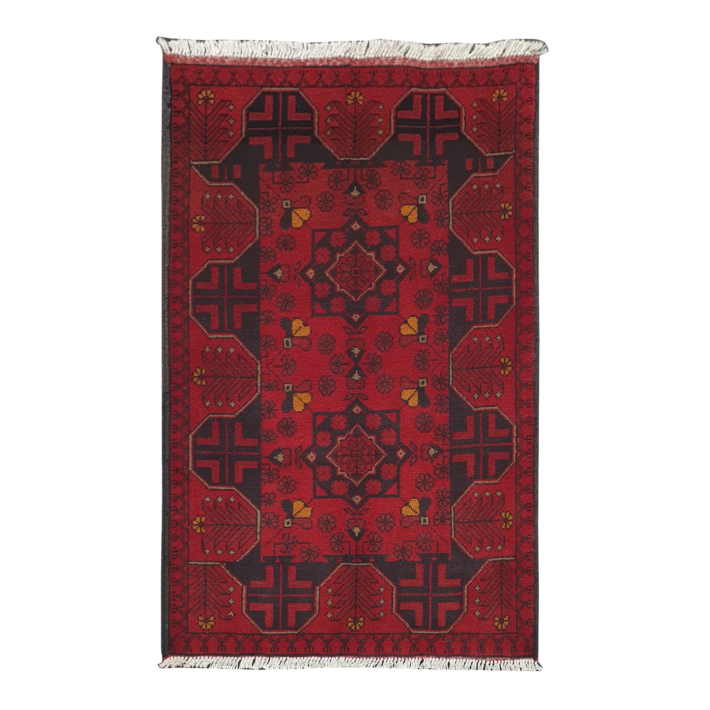 Afghan Khal Mohammadi rug 123 x 80 cm full view with deep red field, dark tribal motifs and yellow accents