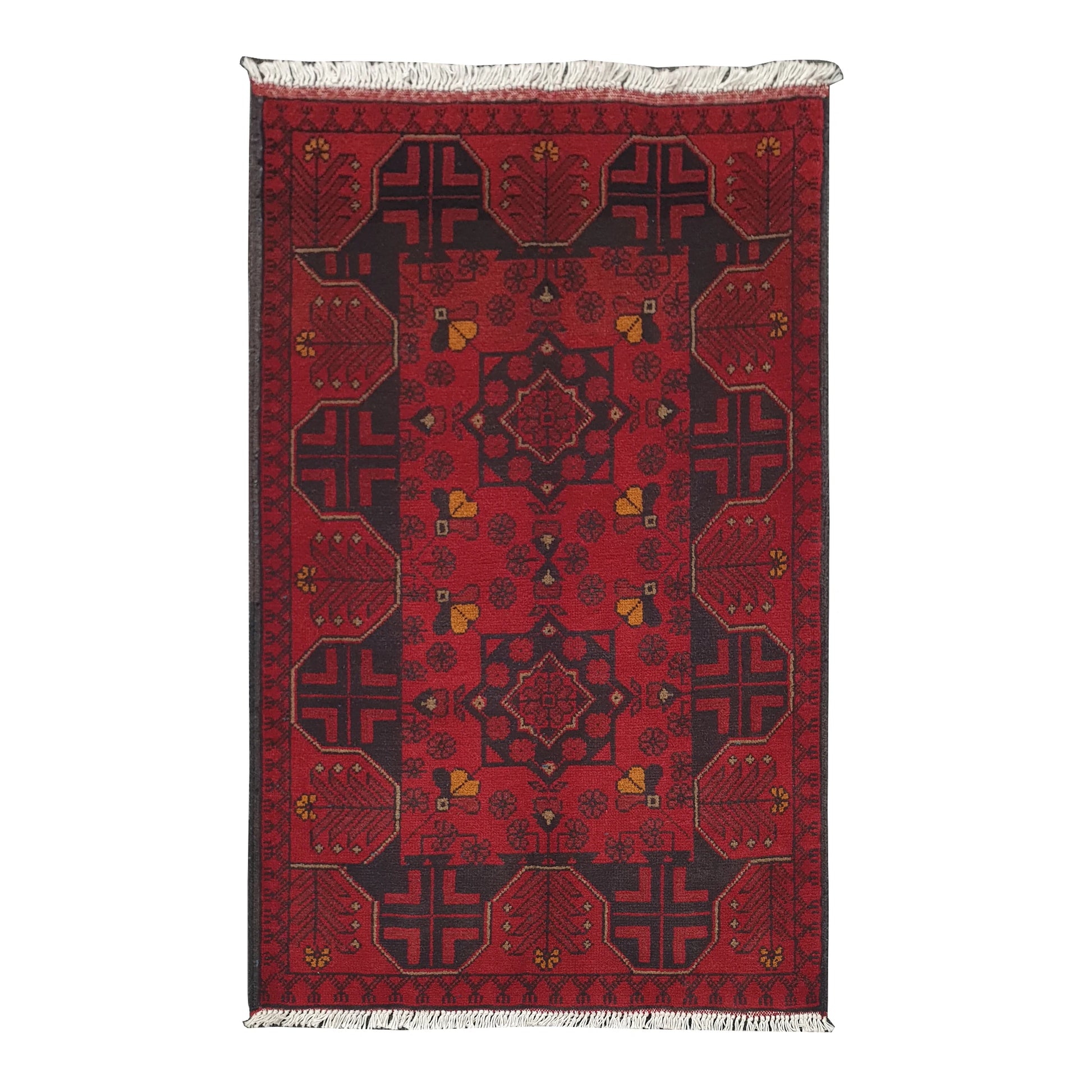 Afghan Khal Mohammadi rug 123 x 80 cm full view with deep red field, dark tribal motifs and yellow accents