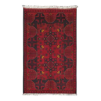 Afghan Khal Mohammadi rug 123 x 80 cm full view with deep red field, dark tribal motifs and yellow accents