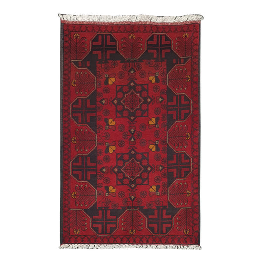 Afghan Khal Mohammadi rug 123 x 80 cm full view with deep red field, dark tribal motifs and yellow accents