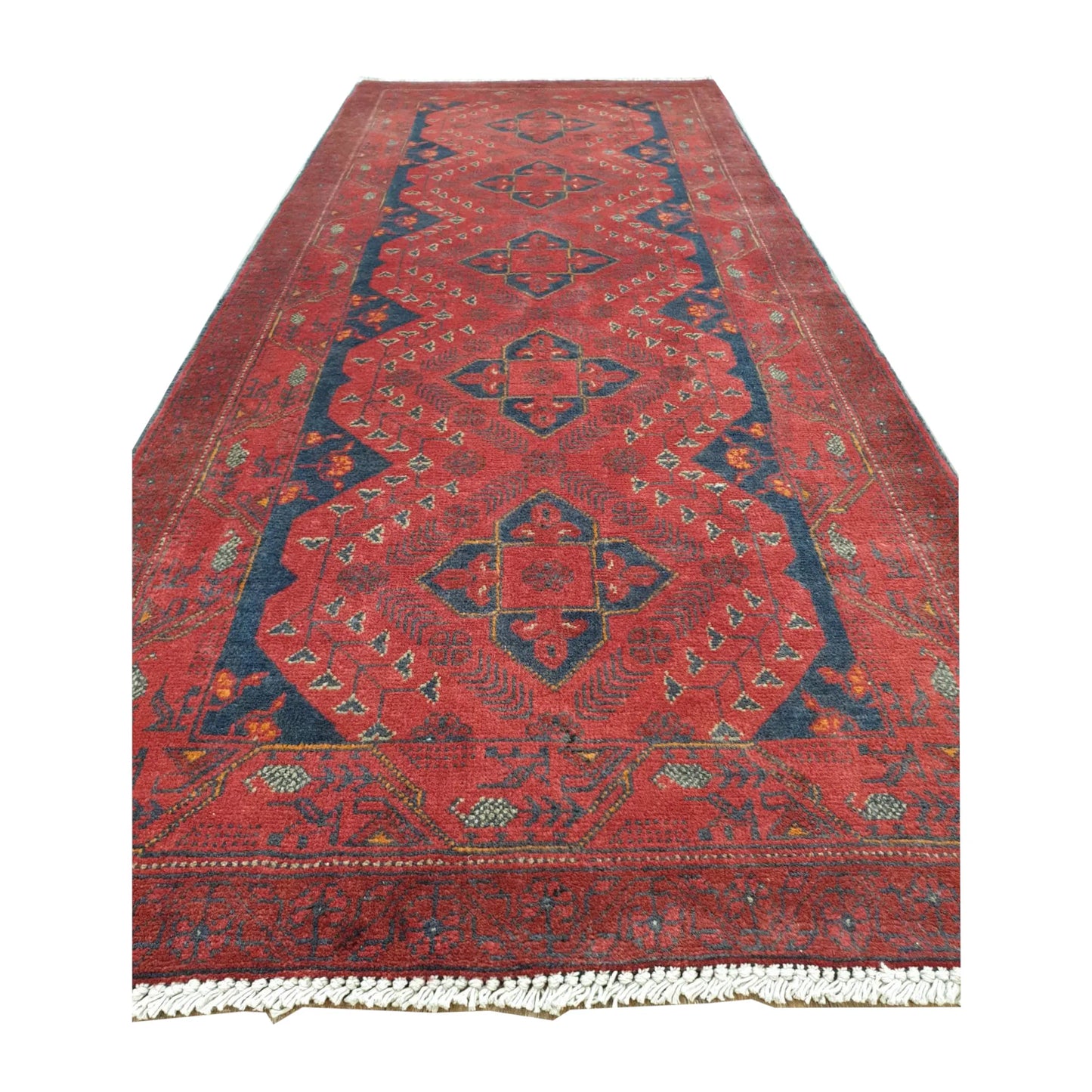 Border and fringe detail of Afghan Khal Mohammadi wool runner rug showing red and dark blue geometric motifs, 202 x 82 cm