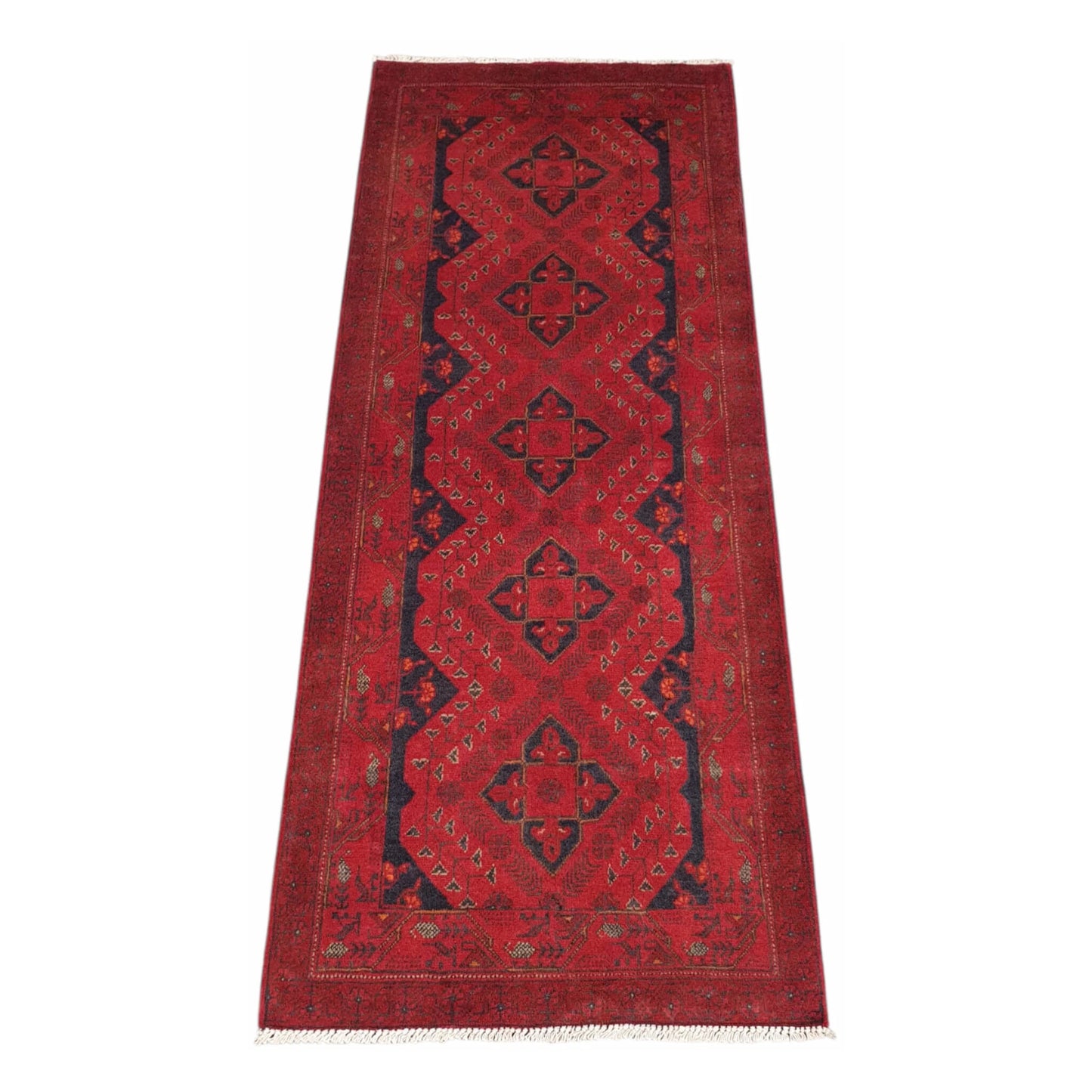 Full view of Afghan Khal Mohammadi hand-knotted wool runner rug with red field, dark blue medallions and patterned border, 202 x 82 cm