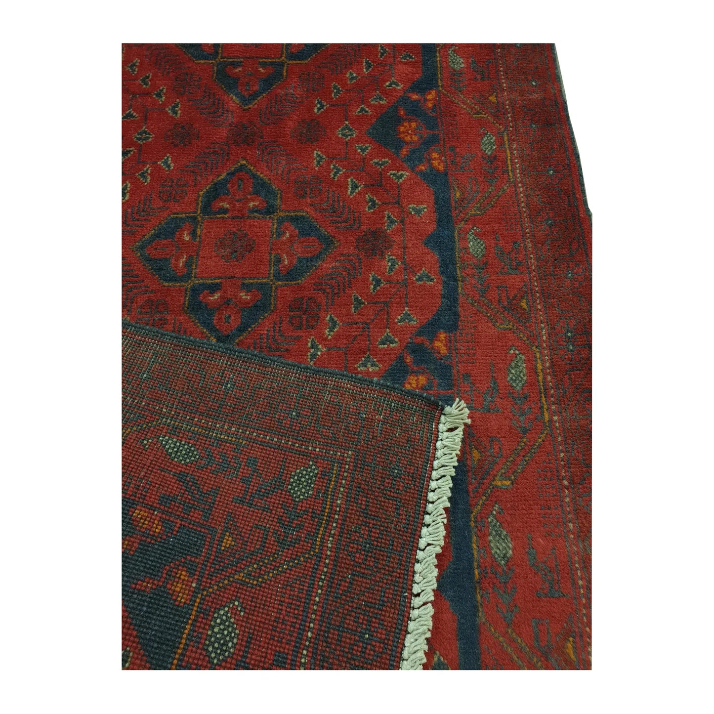 Reverse weave detail of Afghan Khal Mohammadi wool runner rug showing folded corner and handmade structure, 202 x 82 cm