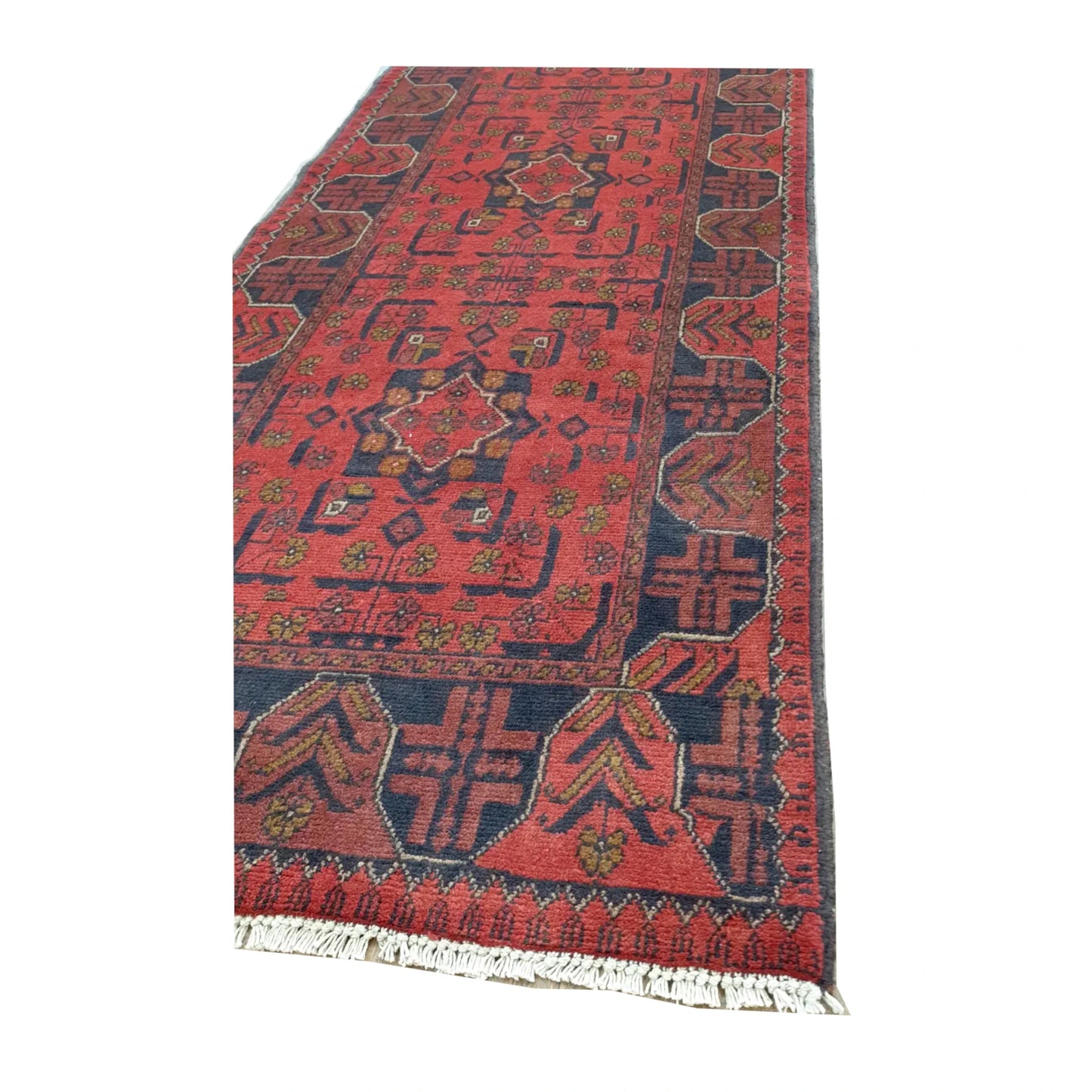 Angled pattern, border and fringe detail of Afghan Khal Mohammadi wool runner rug with rich red tones and geometric motifs, 287 x 84 cm