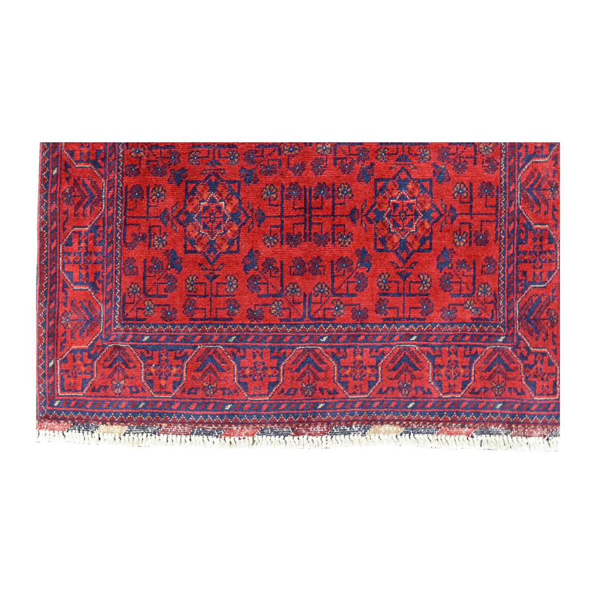 Field and border detail of Afghan Khal Mohammadi rug showing navy rosettes, branching flower stems and olive and ochre accents
