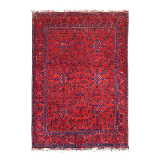 Full view of Afghan Khal Mohammadi wool rug with a red field, navy floral rosettes and angular leaf borders, 149 x 105 cm