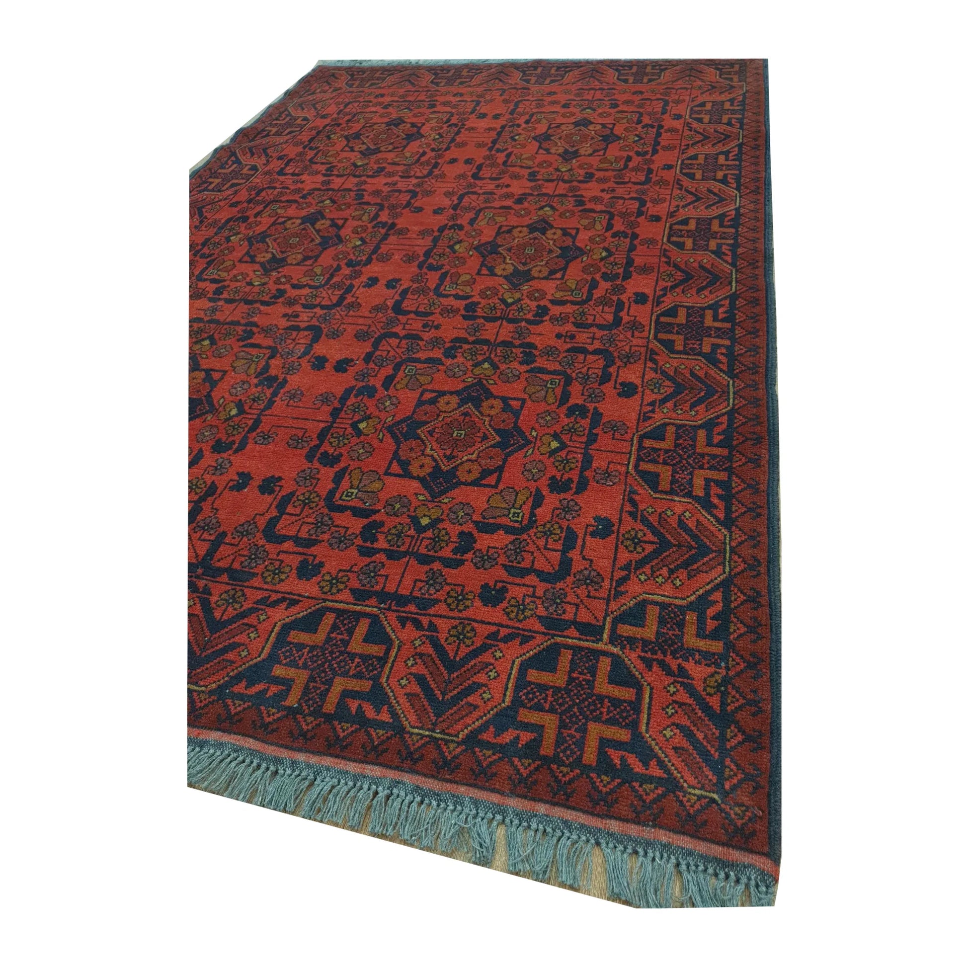 Border and fringe detail of Afghan Khal Mohammadi wool rug with dark navy pattern, 190 x 128 cm