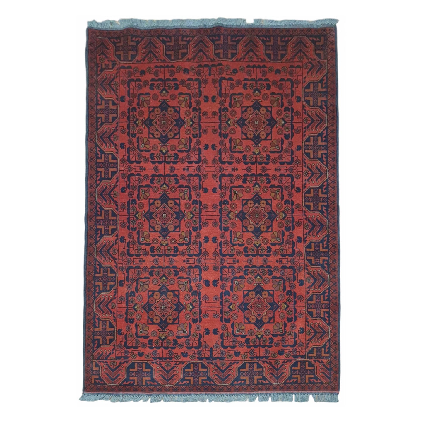 Full view of Afghan Khal Mohammadi wool rug with red field and framed geometric medallions, 190 x 128 cm