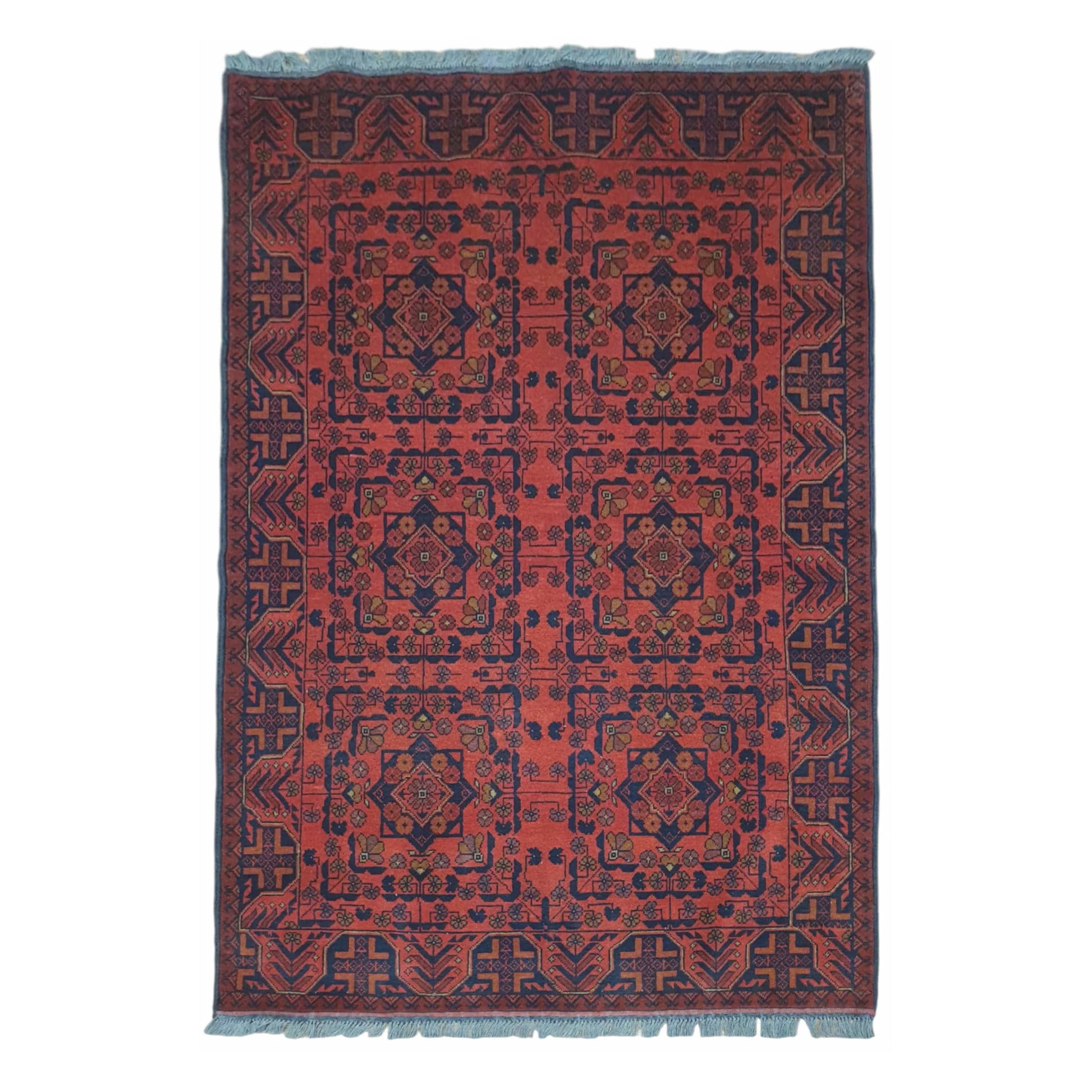 Full view of Afghan Khal Mohammadi wool rug with red field and framed geometric medallions, 190 x 128 cm