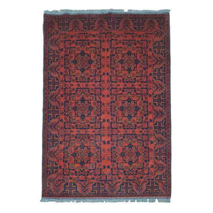 Full view of Afghan Khal Mohammadi wool rug with red field and framed geometric medallions, 190 x 128 cm