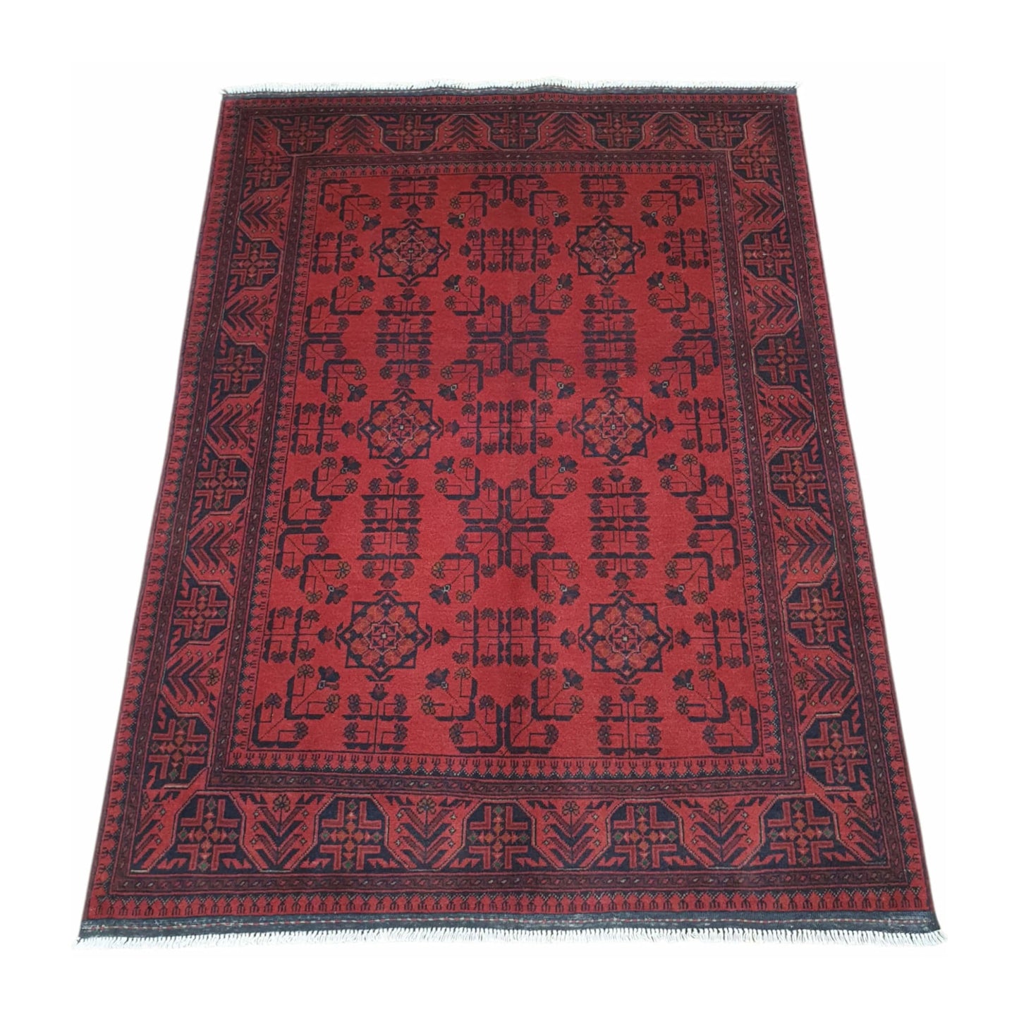 Angled view of Afghan Khal Mohammadi wool rug with red field and dark patterned borders, 196 x 150 cm
