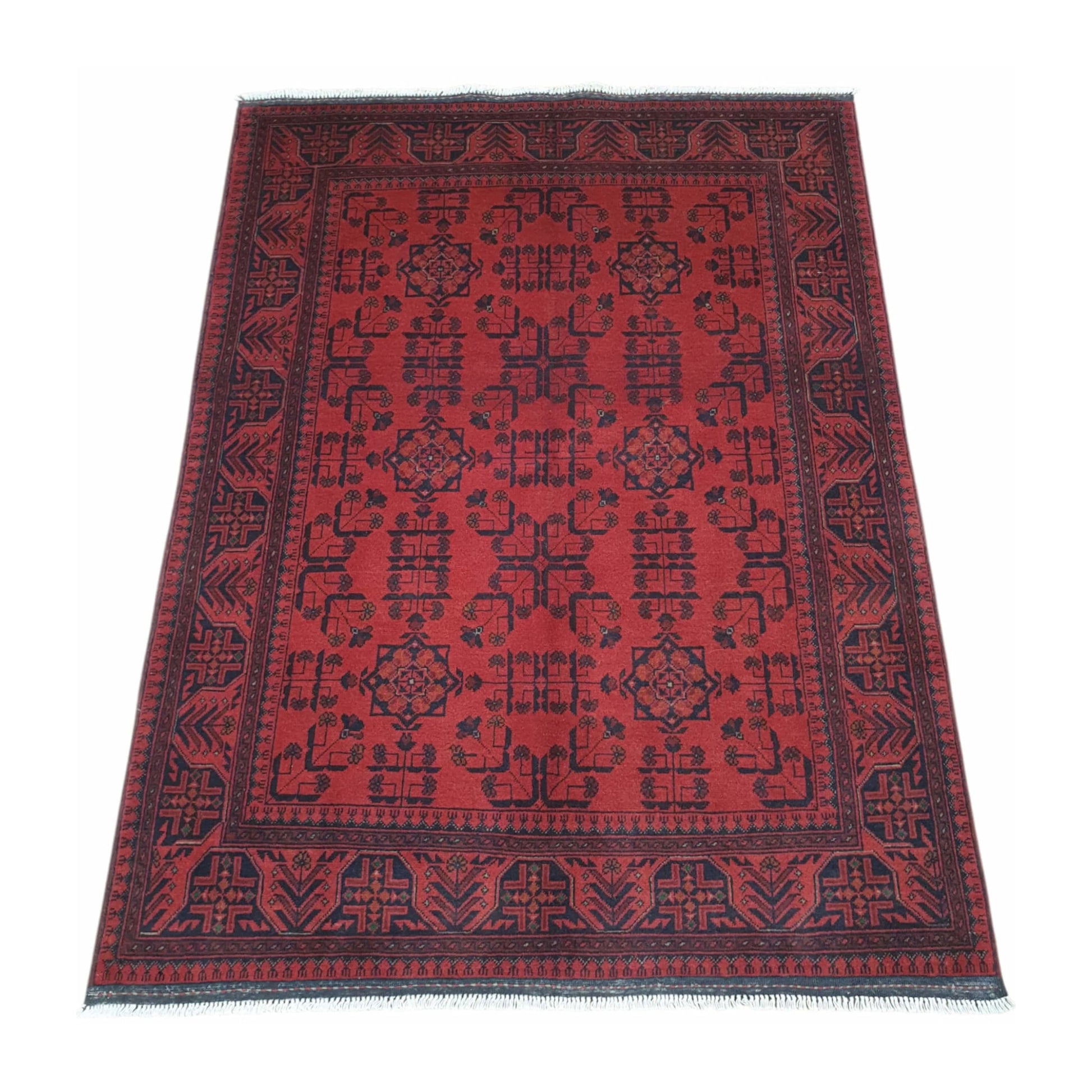 Angled view of Afghan Khal Mohammadi wool rug with red field and dark patterned borders, 196 x 150 cm