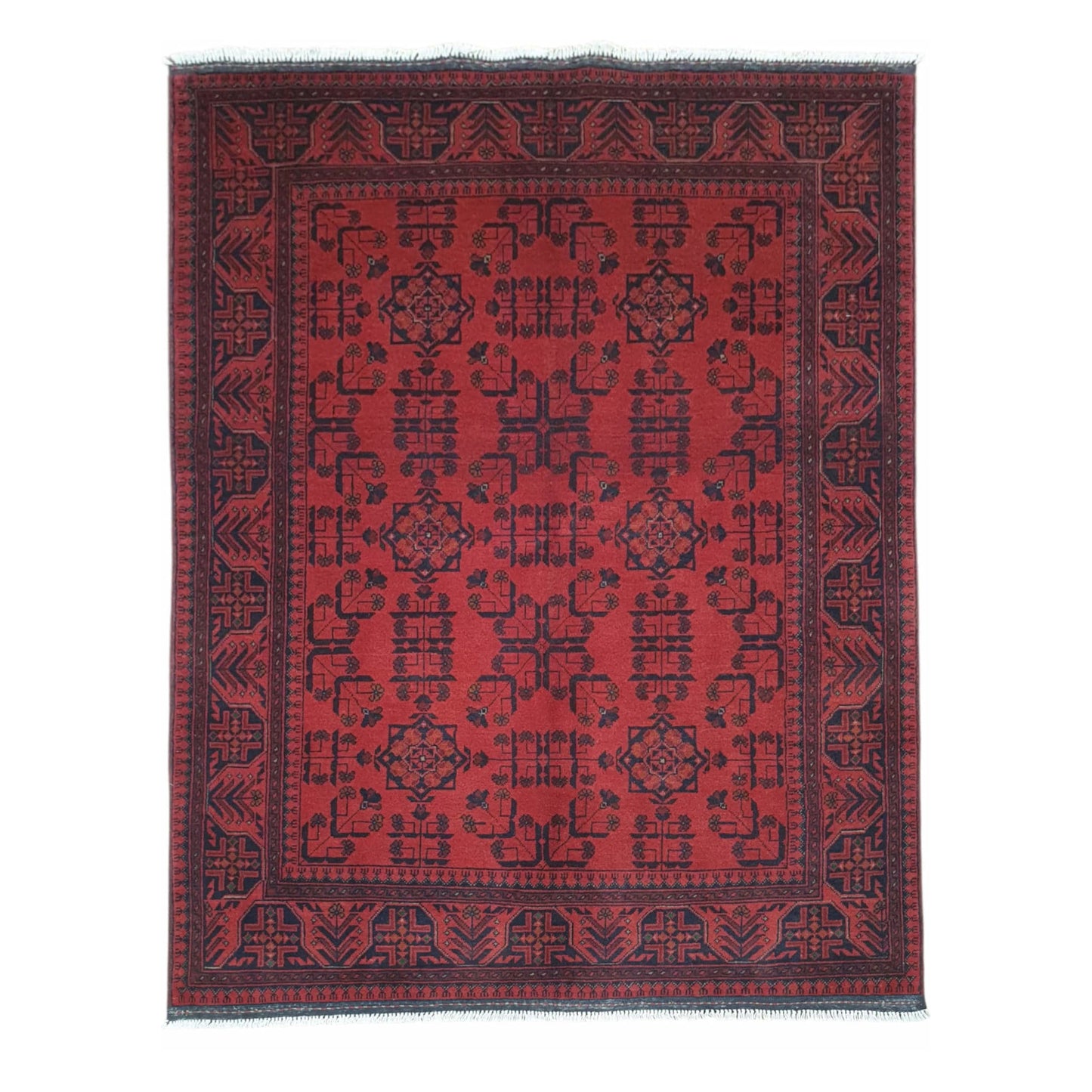 Full view of Afghan Khal Mohammadi wool rug with red field and geometric-floral motifs, 196 x 150 cm